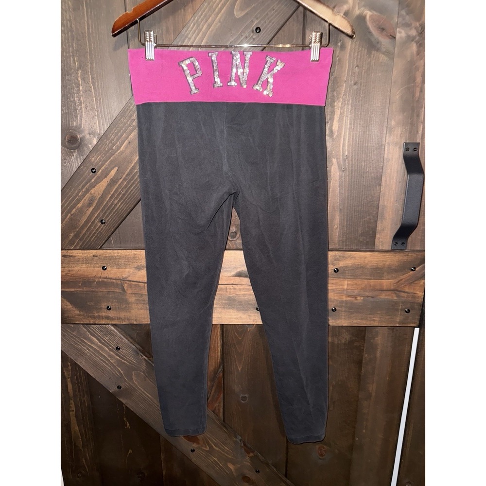 Victoria Secret Y2K Sz M Medium PINK Yoga Bling Sequin Leggings 2013 Black